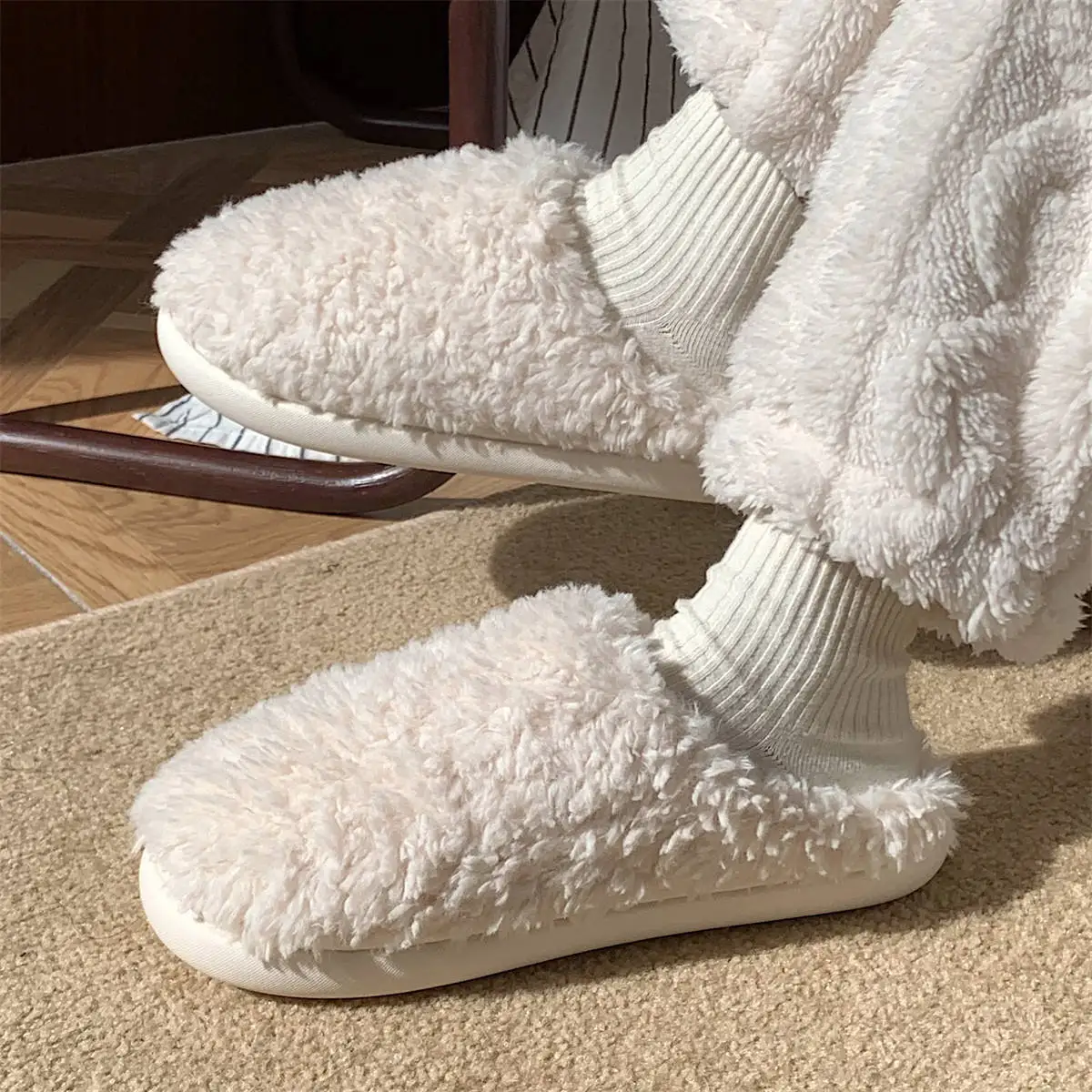 Winter Fur Slippers For Women Plush Fleece Flat Slippers Sweet Indoor Cotton Shoes Home Couple Slides