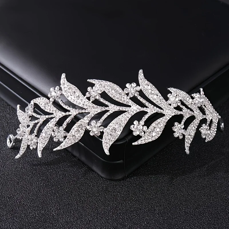 Luxury Silver Color Crystal Leaf Vine Bridal Tiaras Crowns Wedding Hair Accessories Rhinestone Pageant Crown Bridal Hair Jewelry