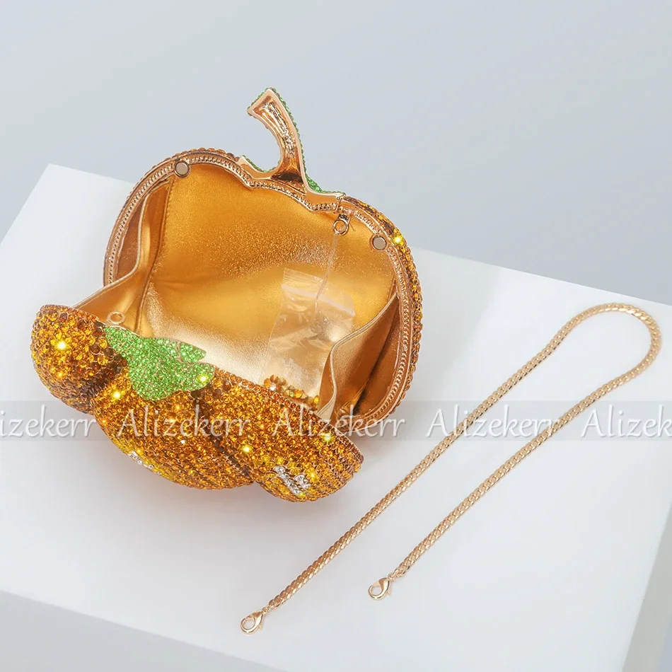 Women Pumpkin Crystal Metallic Evening Bags Wedding Novelty Rhinestone Small Metallic Clutch Purses And Handbags Luxury Designer