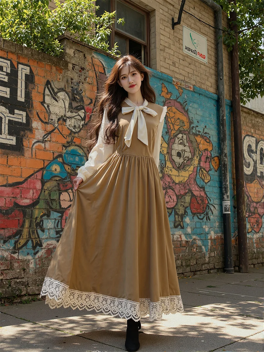 Vestido preto feminino manga longa ajuste regular estilo preppy outono primavera festa meados de bezerro floral boêmio em camadas painéis