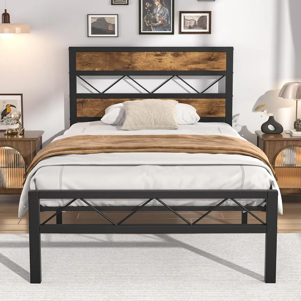 VECELO Full/Twin/Queen optional Metal Platform Bed Frame with Rustic Vintage Wooden Headboard, Heavy Duty Metal Slats Support