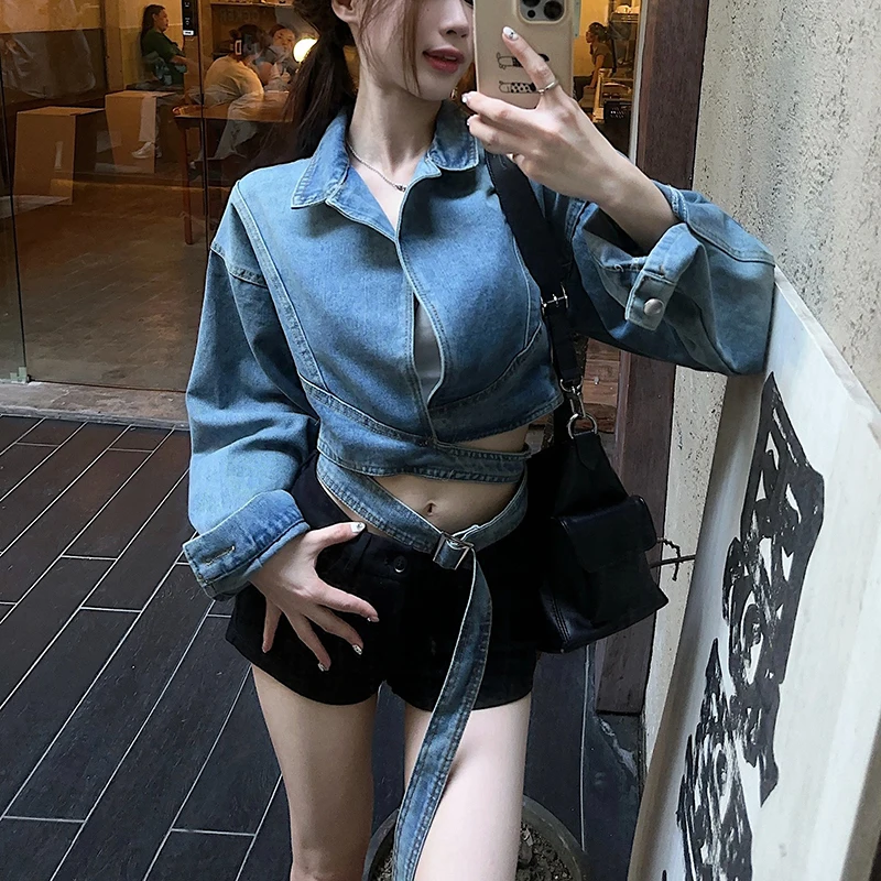 Vintage Turn-Down Collar Criss-Cross Jeans Jacket Coat Women Long Sleeve Denim Coat Cropped Tops