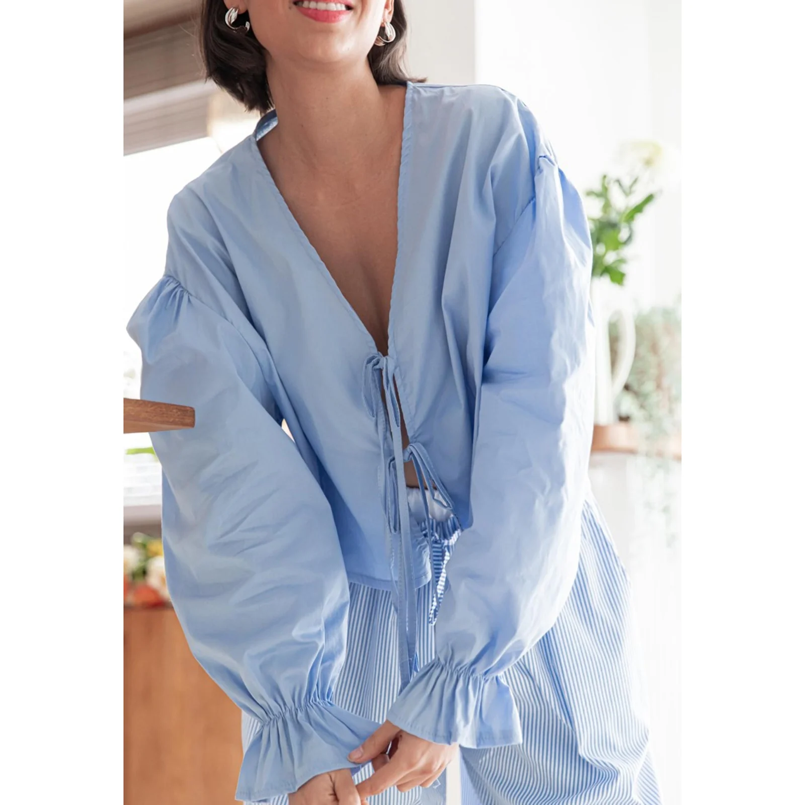 Women's  Y2k Summer Babydoll Tops Solid Color Long Lantern Sleeve Plunge Neck Tie-Up Front Loose Shirt