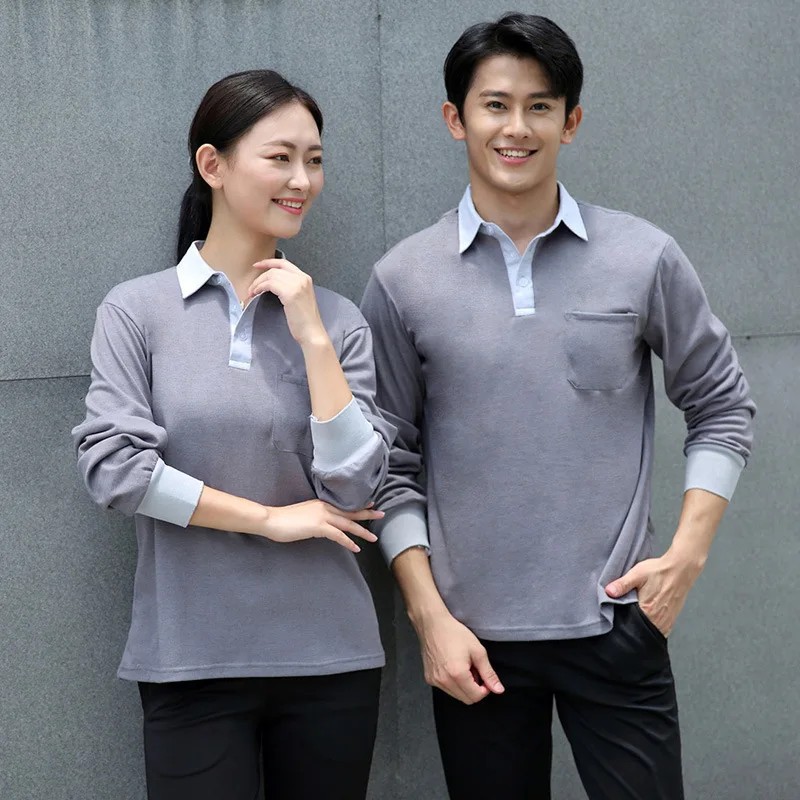 Uniforme de trabalho de limpeza de atendente de hotel com gola virada para baixo e camiseta de tecido de algodão de mangas compridas para homens em catering, chá com leite