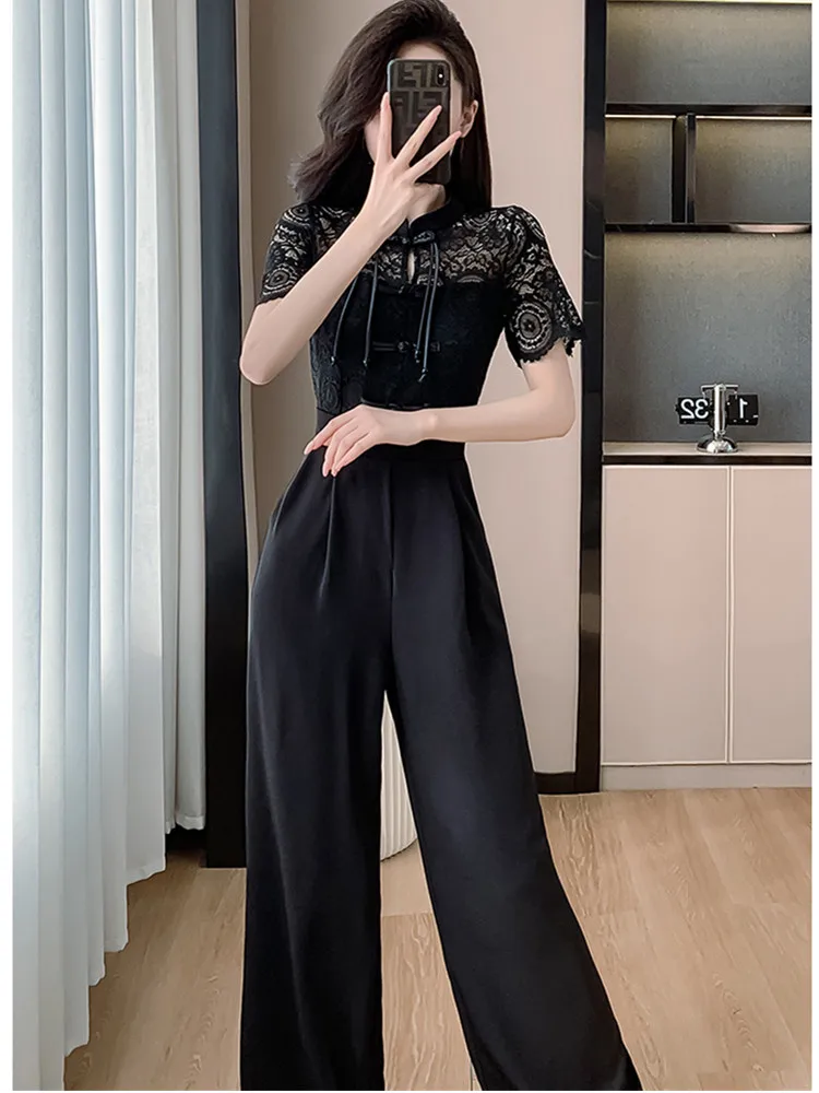 SMTHMA New Chinese Black Lace Patchwork Jumpsuit 2024 New Elegant Temperament Wide Leg Jumpsuit For Women\'s Summer Clothing