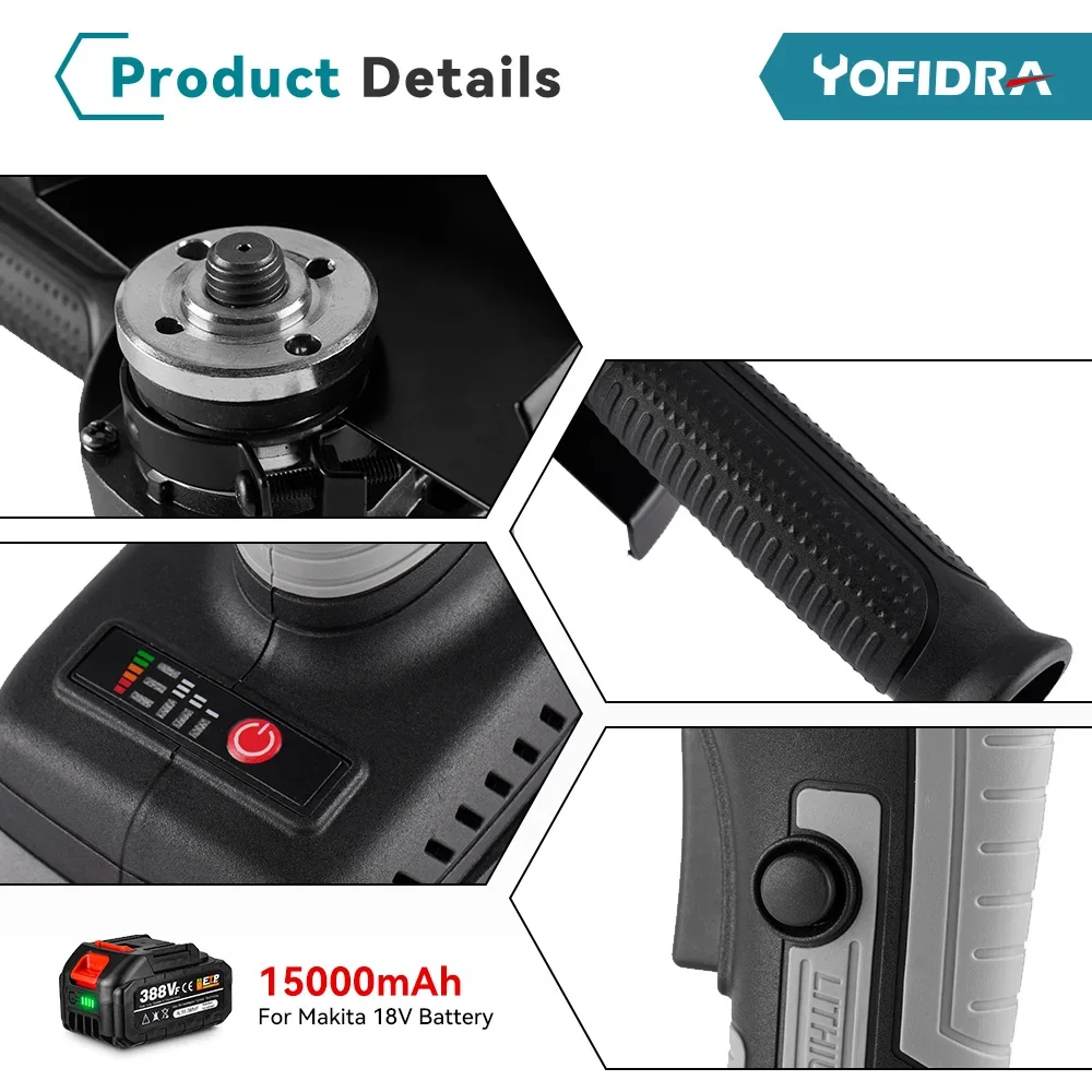 Yofidra 125MM Brushless Electric Angle Grinder M14 3 Gears Grinding Cutting Polishing Woodworking Machine For Makita 18V Battery