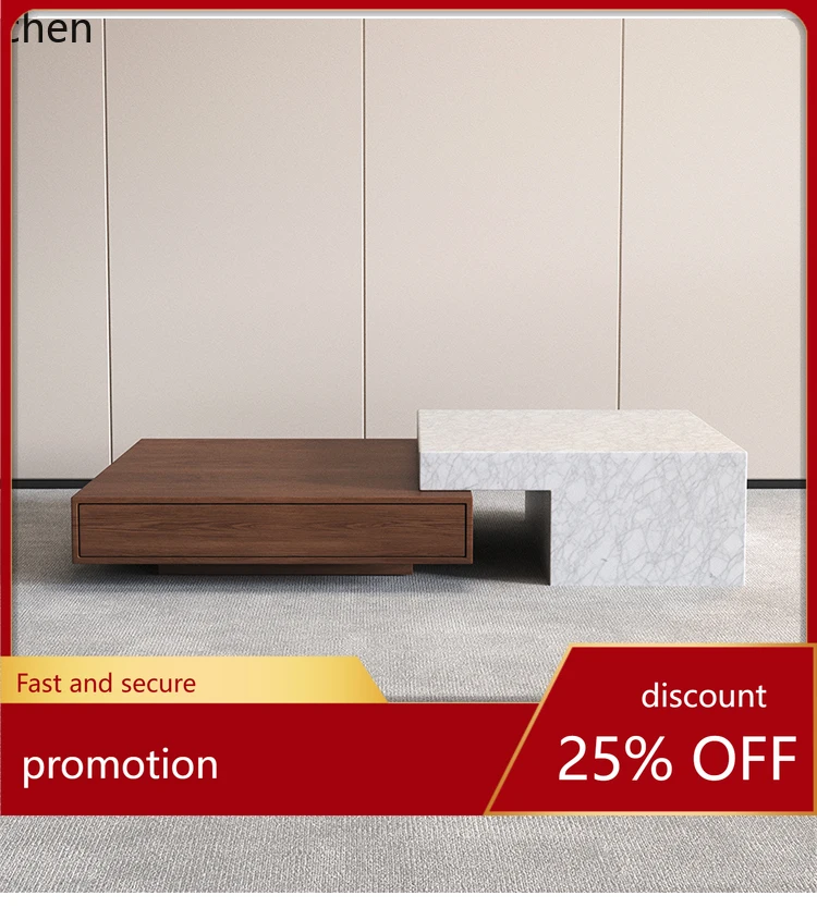 ZML Imitation Marble Coffee Table for Living Room, Extendable Small Apartment Wood Grain Square Tea Table