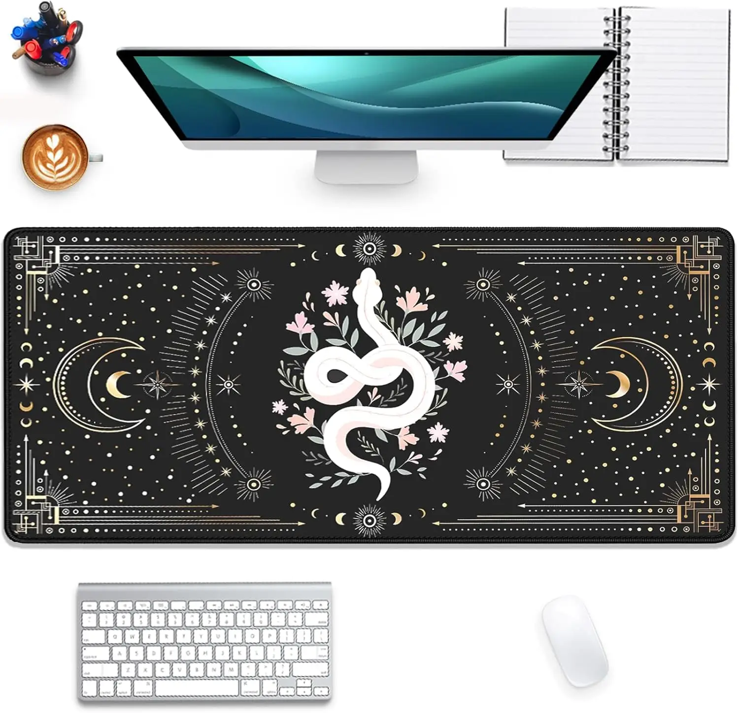 

Moon and White Snake Pattern Large Extended Gaming Mouse Pad Office Desk Mat Keyboard Pad Rubber Non-Slip Computer Mouse Mat