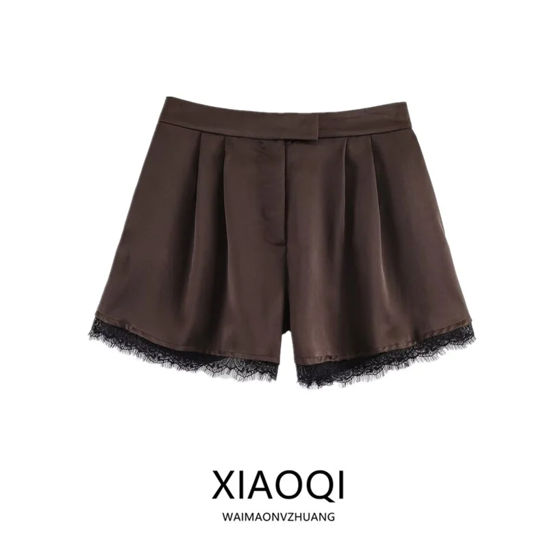 Spring Summer 2026 New Casual Lace Trim Satin Shorts Women's Versatile mid Waist All Match Short Pants Elegant Fashionable