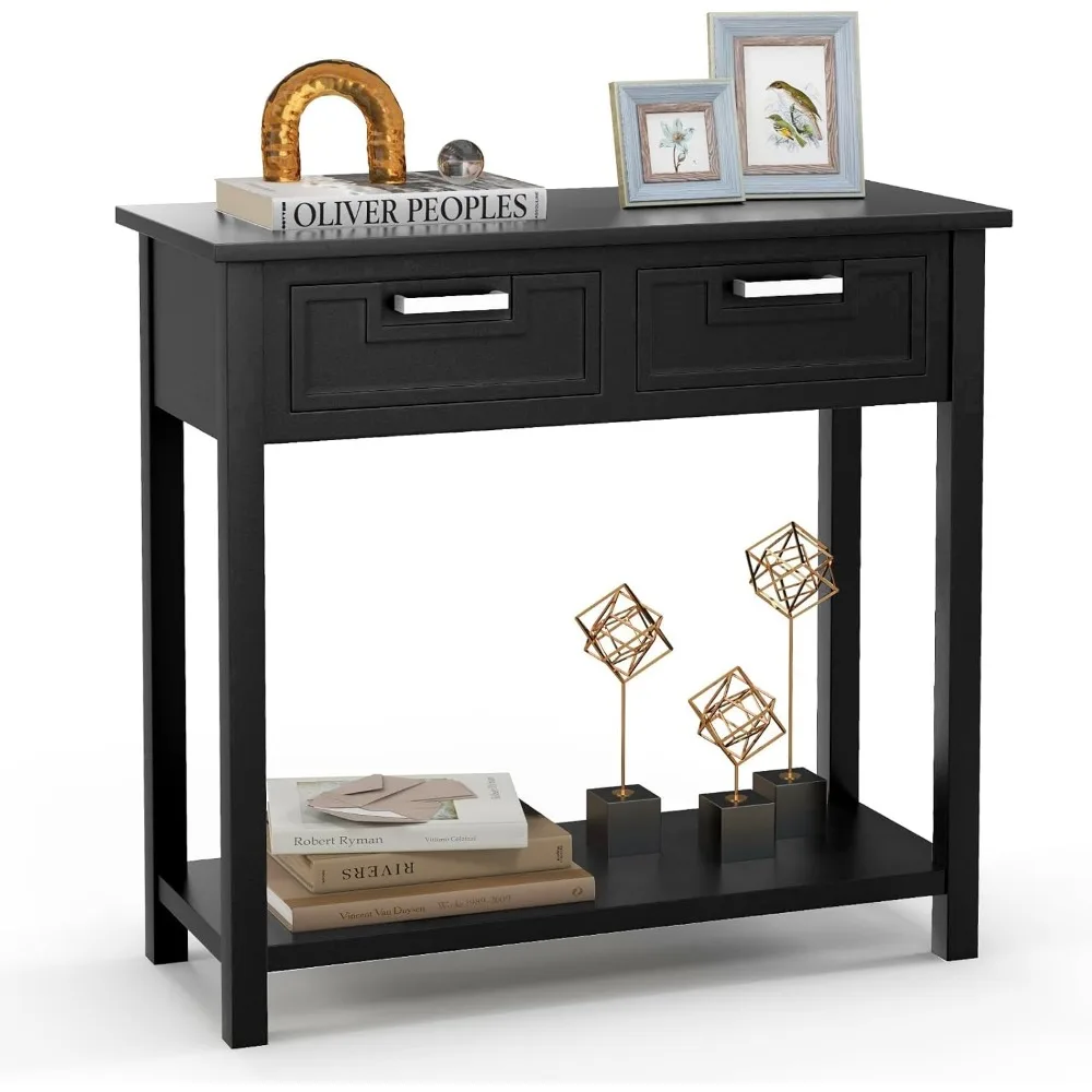 

Wooden Console Table, Narrow Entryway Storage Desk with 2 Drawers and Bottom Shelf, Sofa Side Table for Living Room