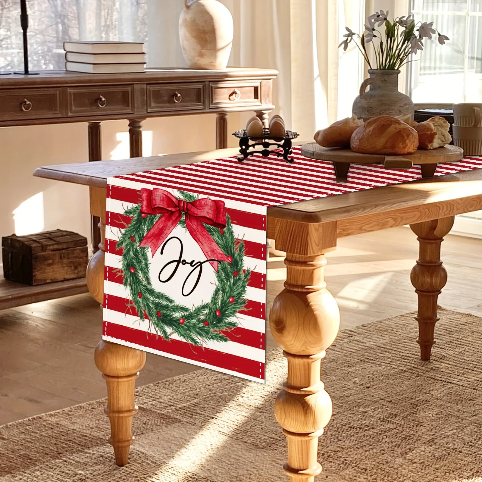 1 Piece of Christmas Striped Garland Table Runner, Red and White Striped Base with Painted Pine Branches and Berries Garland with 