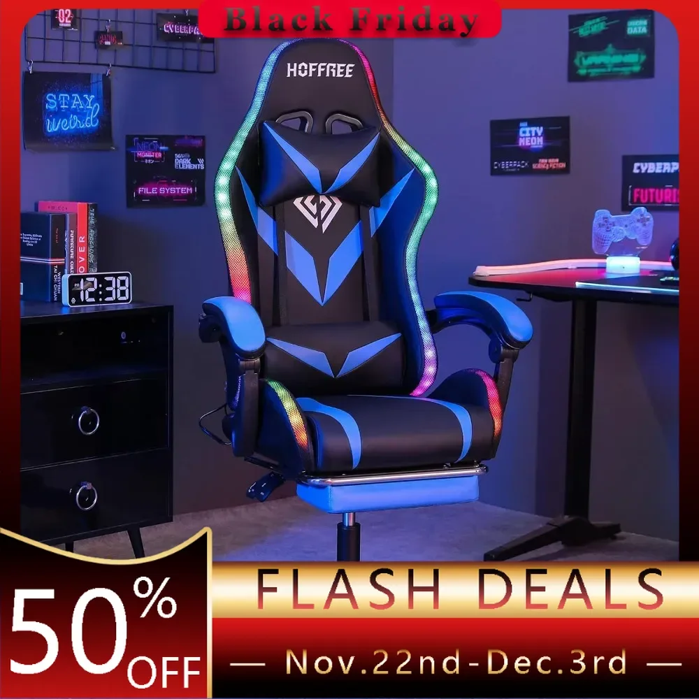 Gaming Chair with Massage and LED Lights Ergonomic Video Game Chairs with Footrest High Back Reclining Computer Chair