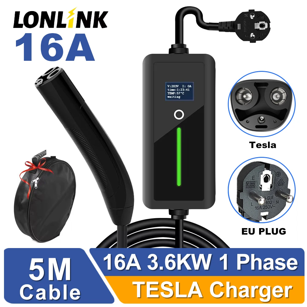 

LONLINK EV Charger For Tesla Model 3 Y S X 16A 3.6 KW Car NACS Charger With EU Plug 16 FT Cable Level 2 Portable Fast Charging