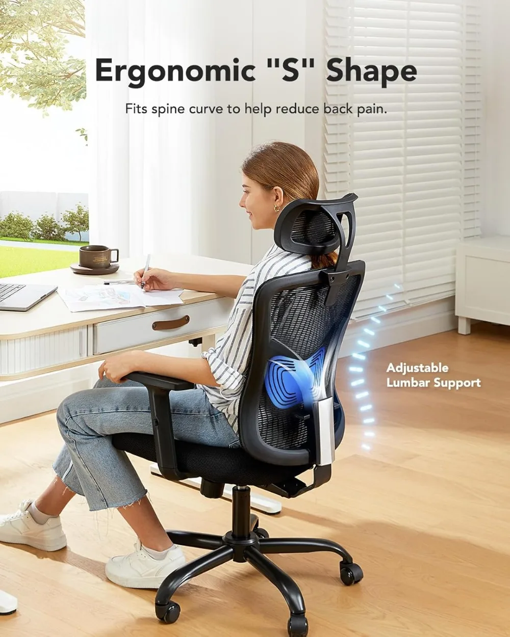 HUANUO Ergonomic Office Chair, High Back Desk Chair with S-shaped Backrest, Adjustable Lumbar Support, Headrest, Armrest, Black