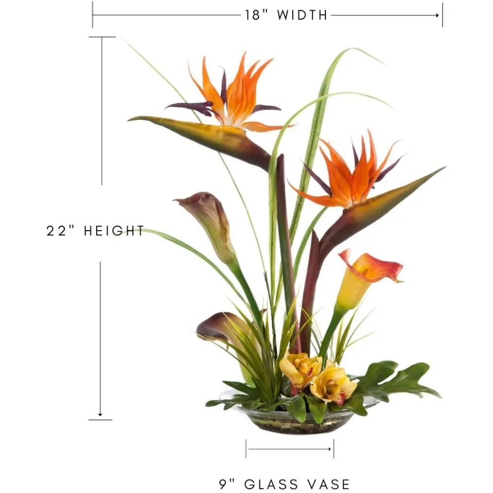 Artificial Bird of Paradise & Calla Lily Silk Flower Centerpiece in Glass Bowl with Acrylic Water