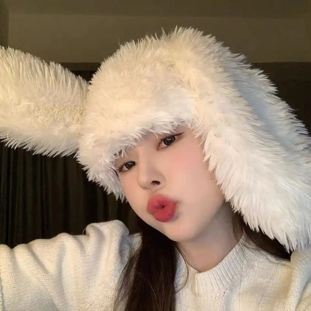 Accesorios para mujer, gorro con orejas de conejo de piel sintética, protección para los oídos, gorro de invierno de felpa con orejas de conejo, gorros dulces para mujer para fiesta de Halloween
