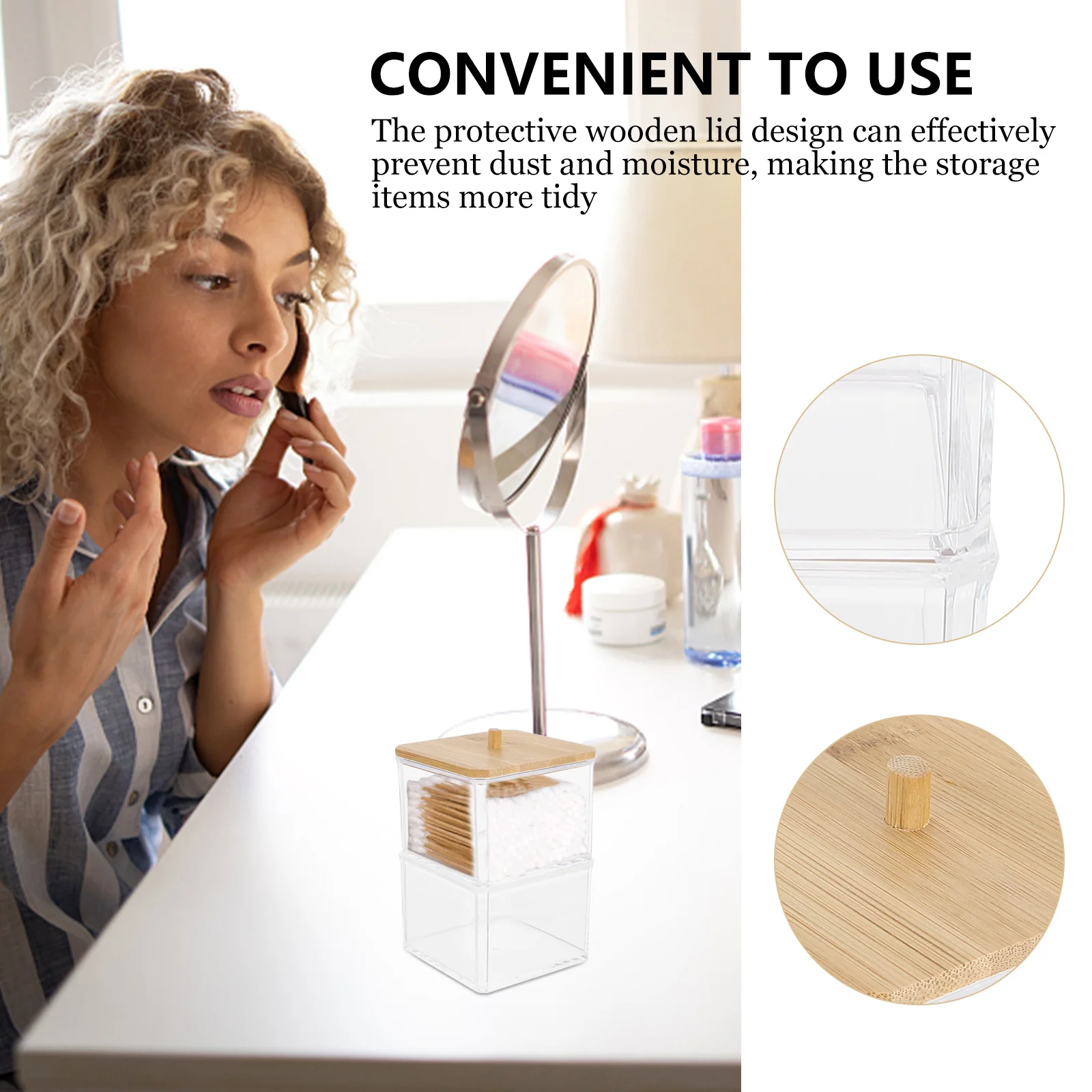 

1pc Cotton Storage Box Acrylic Wood Lid Dustproof Transparent Square Organizer for Pads Swabs Holder Case Cotton Pad