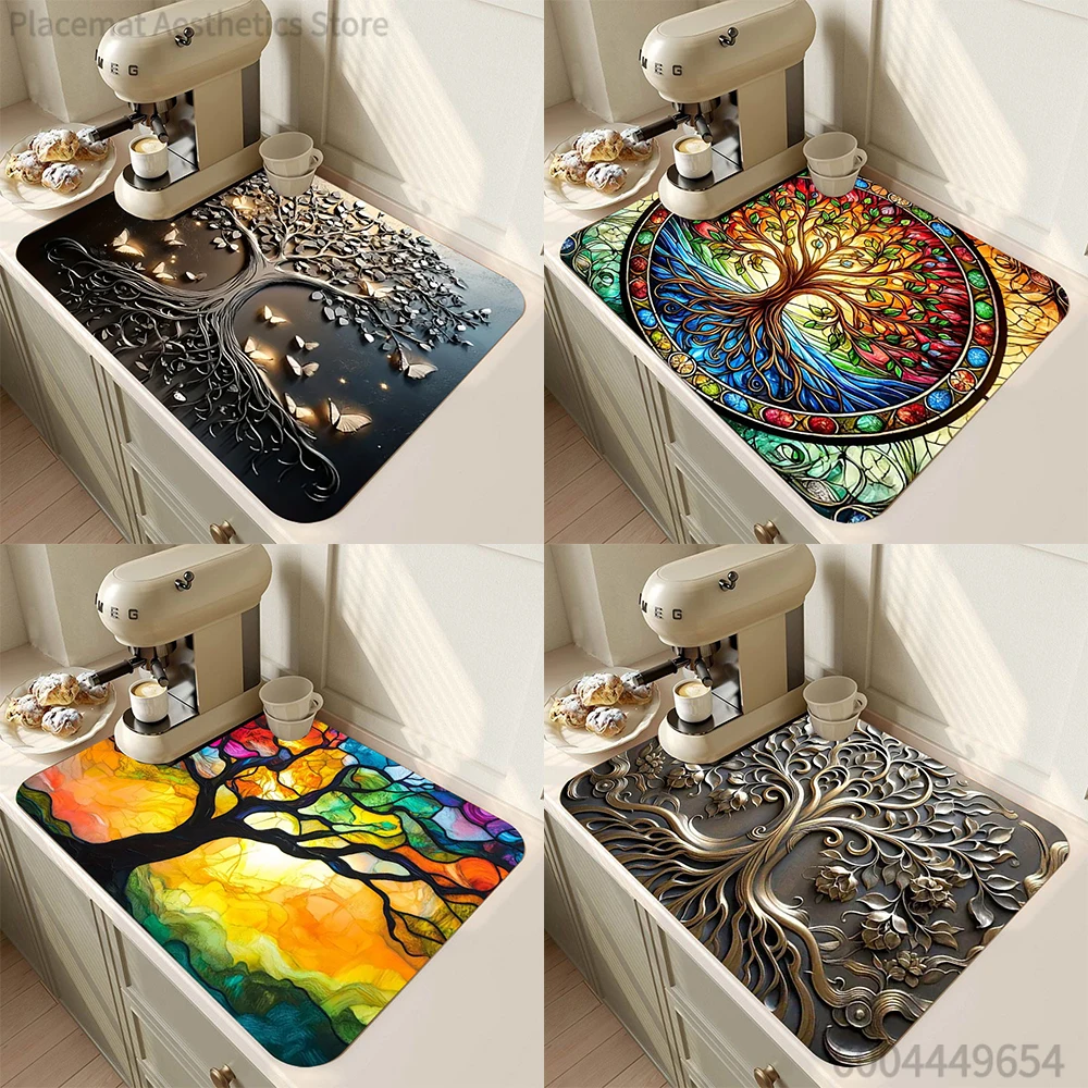 Tree of Life Printed Tableware Drying Mat Drain Pad Non-slip Super Absorbent Coffee Machine Mat Kitchen Table Courtyard Decor