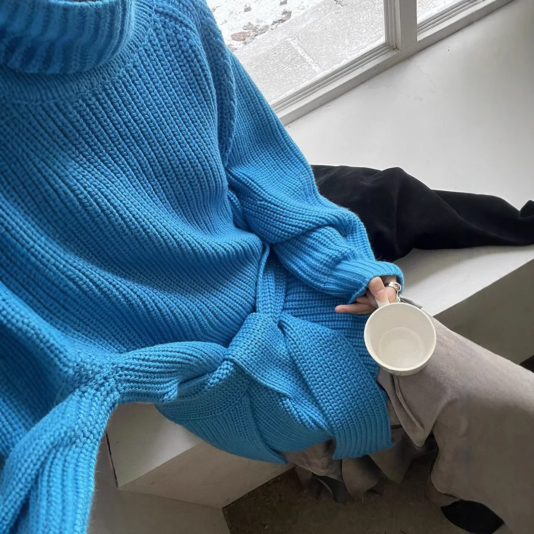 UMI MAO 30% Wool Sweater 2024 Women's Winter New Vintage Coarse Needle High Neck Belt Knitted Sweater Femme Y2K