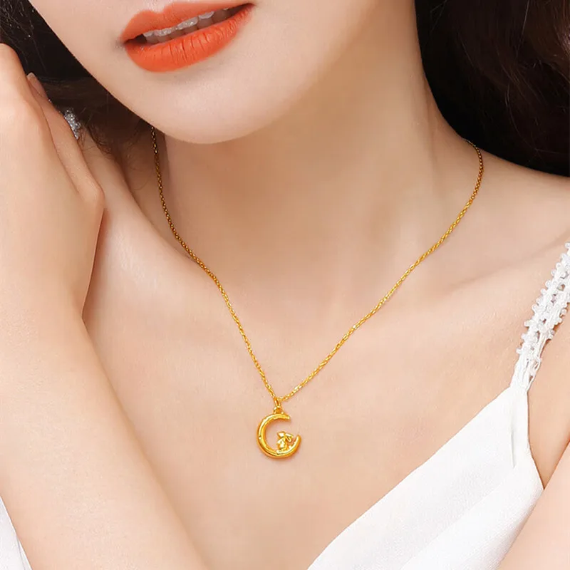 TIYINUO Genuine 999 Real Gold 24K Moon Rabit Pendant Necklace Cute Exquisite Gift Sweet Birthday Present For Woman Fine Jewelry