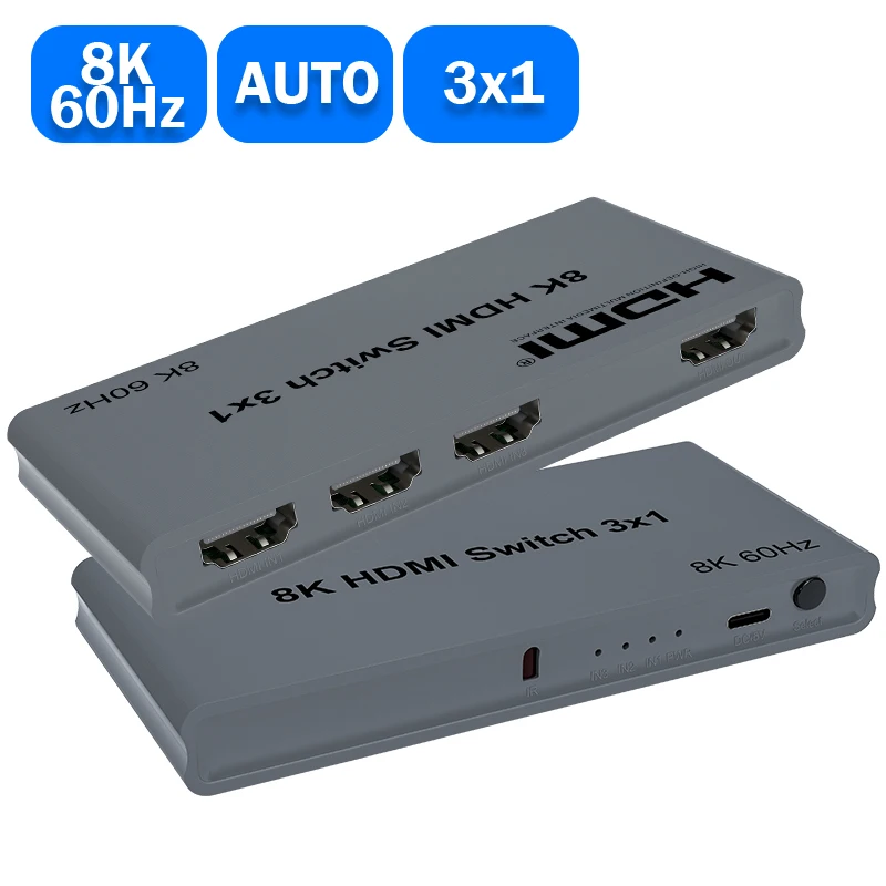 

Переключатель HDMI 8K@60Hz 3x1 с автоматическим воспроизведением 3x1 4K@120 Гц Селектор видеокоммутатора Поддержка автоматического циклического переключателя HDCP 2.3 для ПК ТВ-монитора