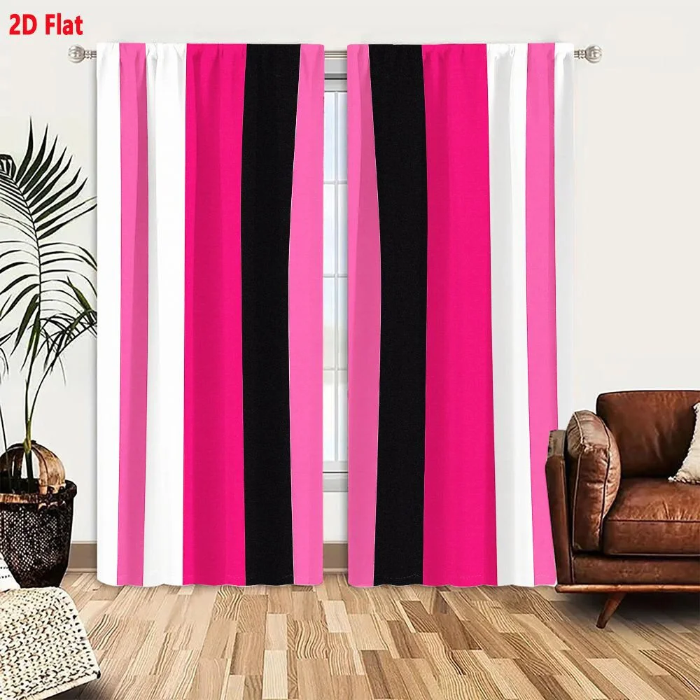 2Pcs Curtains 2D Flat Vertical Stripes Pattern In Various Shades Of Pink Black And White With Repeating Sequence Of Narrow White
