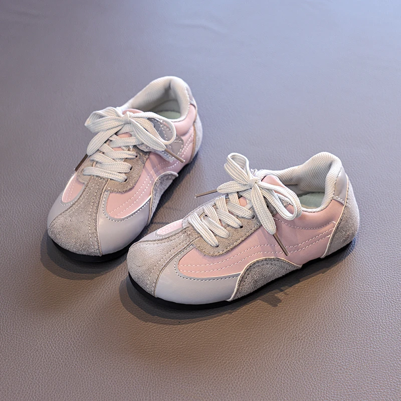 Kids Vintage Suede Trainer Sneakers, Toddler Boys Girls Patchwork Casual Shoes Autumn, Round Toe Lace Up Retro Shoes, Pink Grey