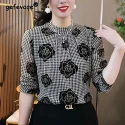 Spring Autumn Vintage Floral Print Loose Casual Shirt Lady Long Sleeve Half High Collar Pullover Top Women Oversized Mesh Blouse