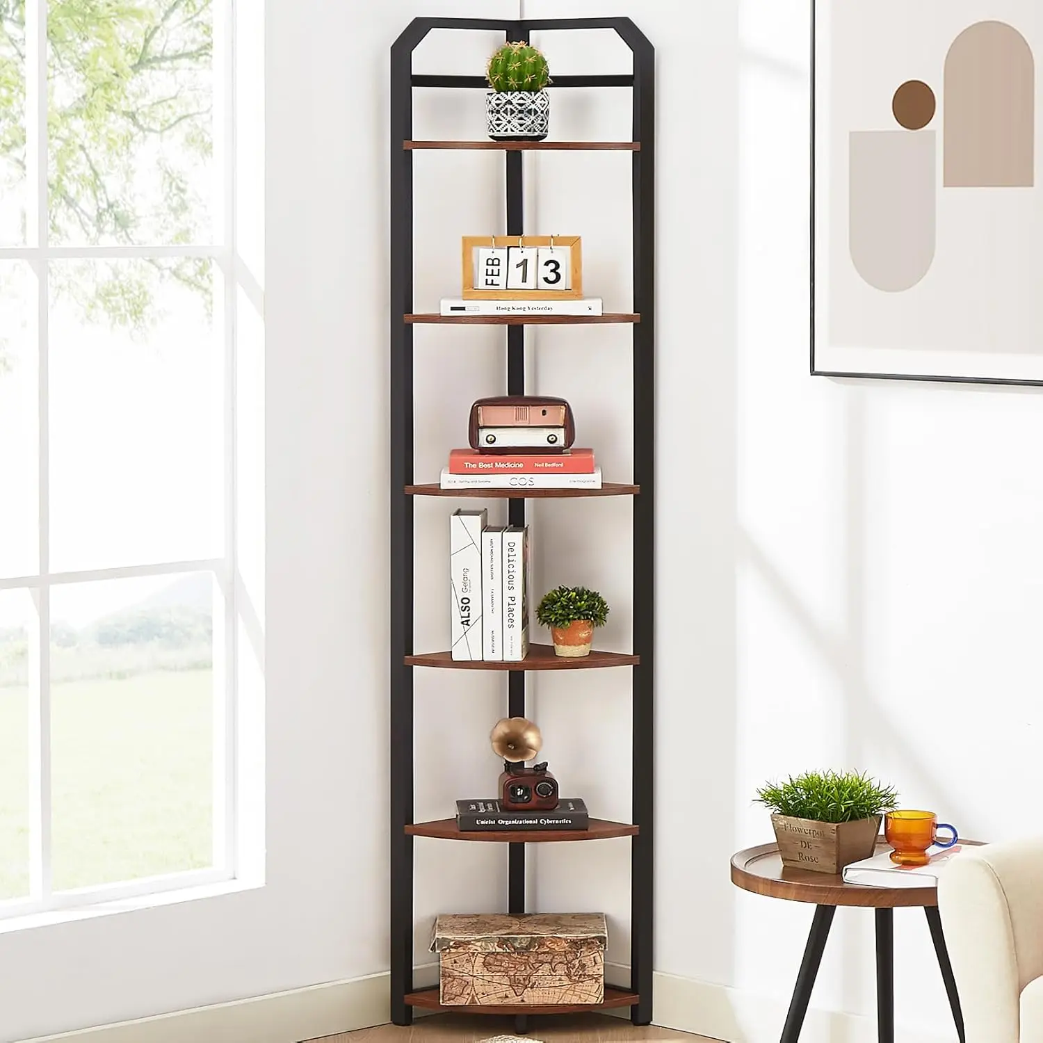 

Corner Shelf, 6-Tier Industrial Corner Bookshelf, Freestanding Stand with Metal Frame, Tall Corner Plant Stand