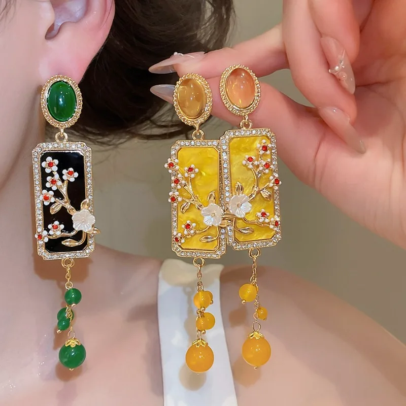 Minar Chinese Style Yellow Green Resin Glass Beads Simulated Pearl Rhinestones Square Coin Long Tassel Drop Earrings for Women