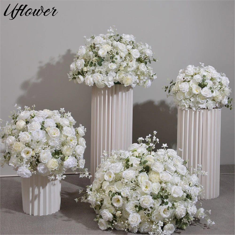 

Uflower White Road Lead Flower Ball Wedding Backdrop Decor Babybreath Rose Floral Table Flower Centerpieces Party Event Props