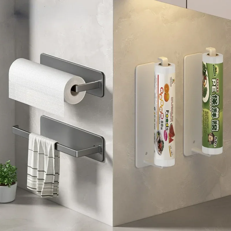 Dual Adhesive Sticker Towel Holder Washroom Kitchen Rack Roll Paper Plastic Wrap Wipe Storage Rod Multi-purpose Hook Shelf