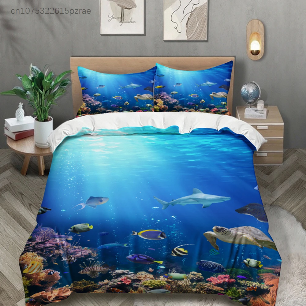 Ocean View Bedding Set Blue Underwater Sea Life Coral Reef Fish And Turtle Print Bedding Duvet Cover Pillowcases For Bedroom