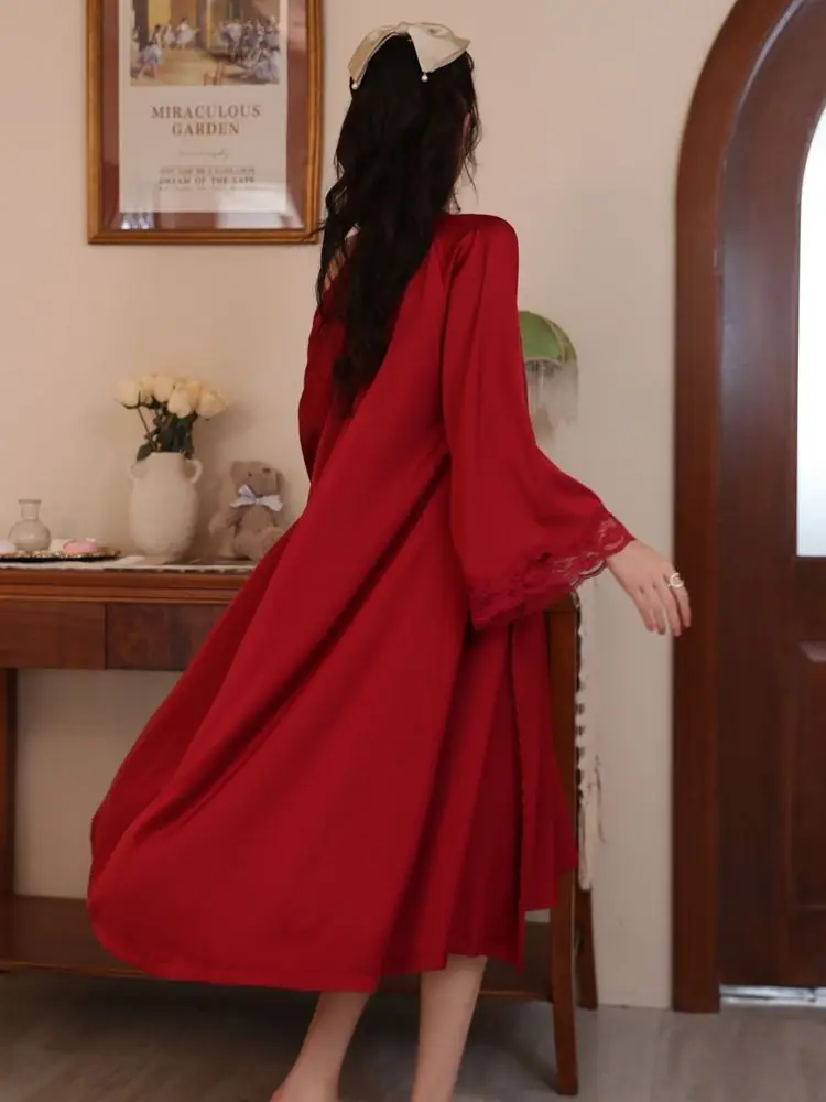 Women\'s Nightdress Smooth Satin Sexy Deep V Neck French Vintage Sleeping Elegant Dressing Gown Lounge Home Dressing Gown