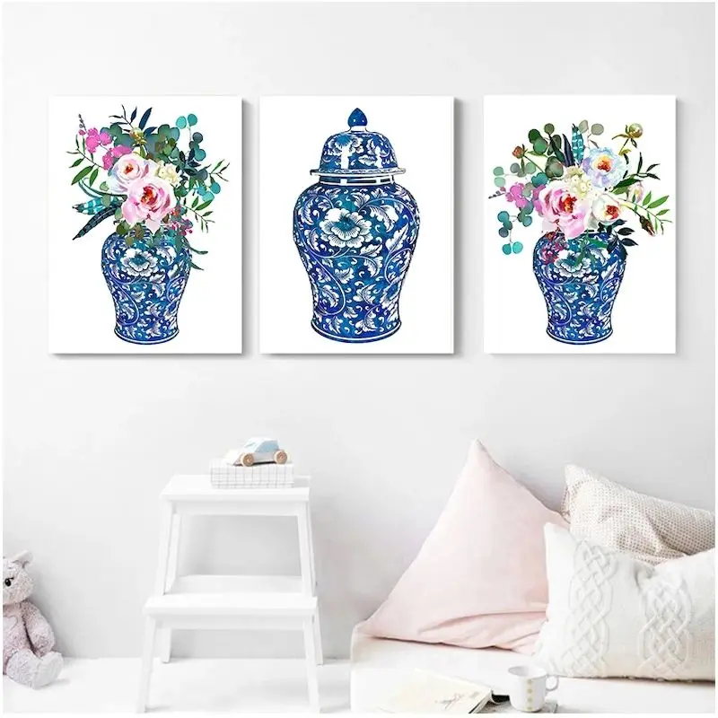 

CHENISTORY Diy Picture By Number Flower Kits Oil Painting By Number Blue And White Porcelain Drawing On Canvas Home Decoration