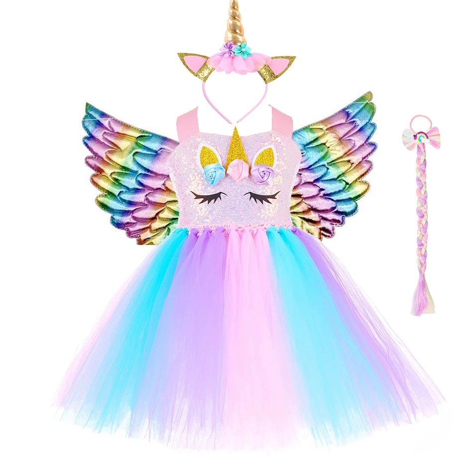 Girls Unicorn TUTU Princess Dress Shiny Children Cartoon Clothes with LED Glowing Wings Headband Stage Halloween Party Costume