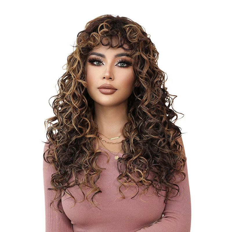 New style hot girl Asian honey blonde curly black spring curl long hair with bangs synthetic fiber machine-made wig view 5