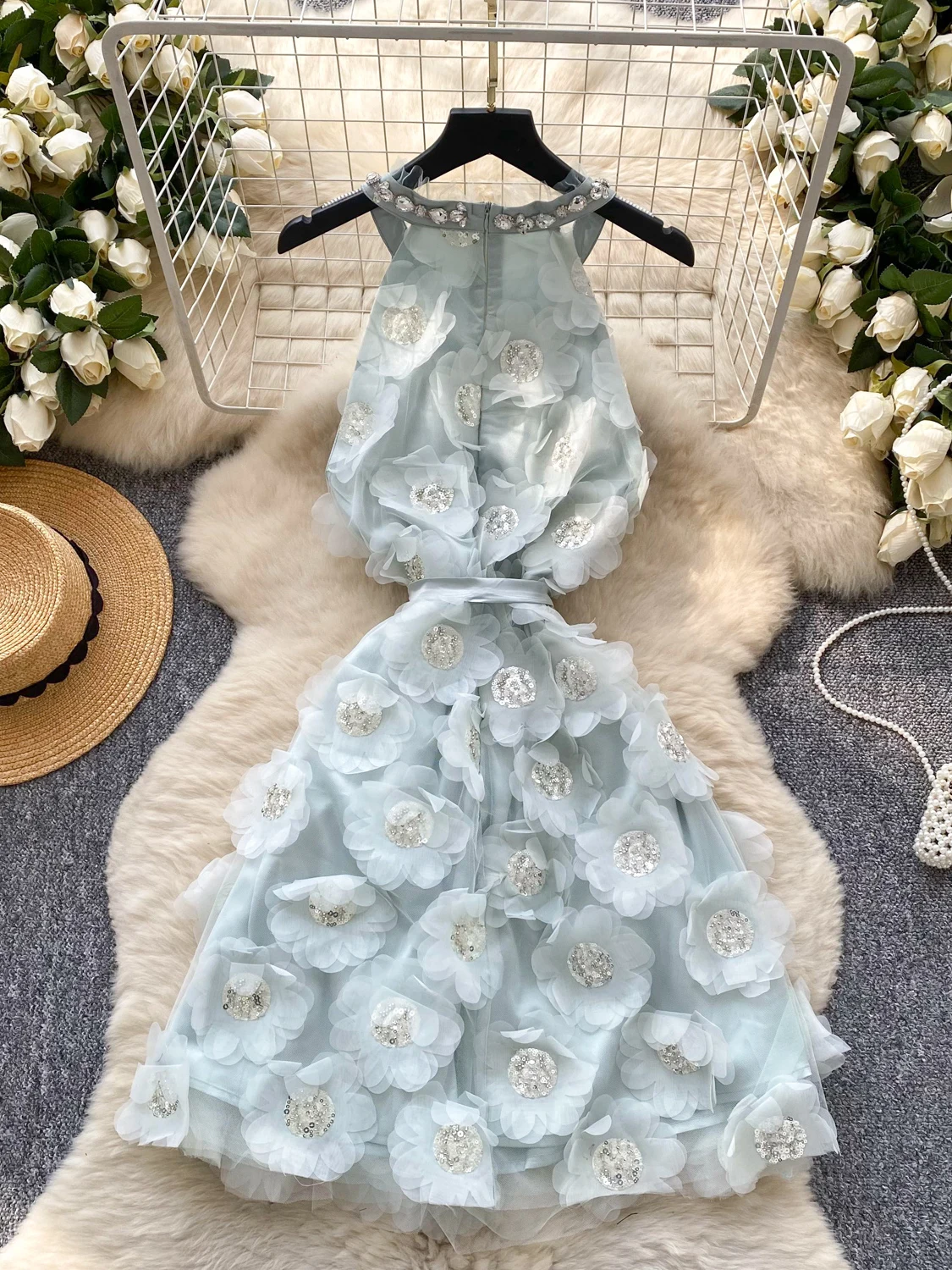 Ele Embroidered Beads Floral Svel Ne Hanging Dr Women's Summer Waist Cinching ort Dr Korean Sle High Wa...