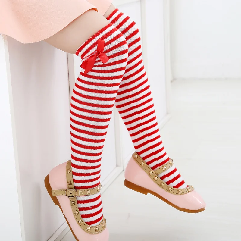 Baby Girls Kids Toddler Bow White Knee High Socks Spring Autumn Sport Cotton Stockings Red Striped Princess Leggings for Child