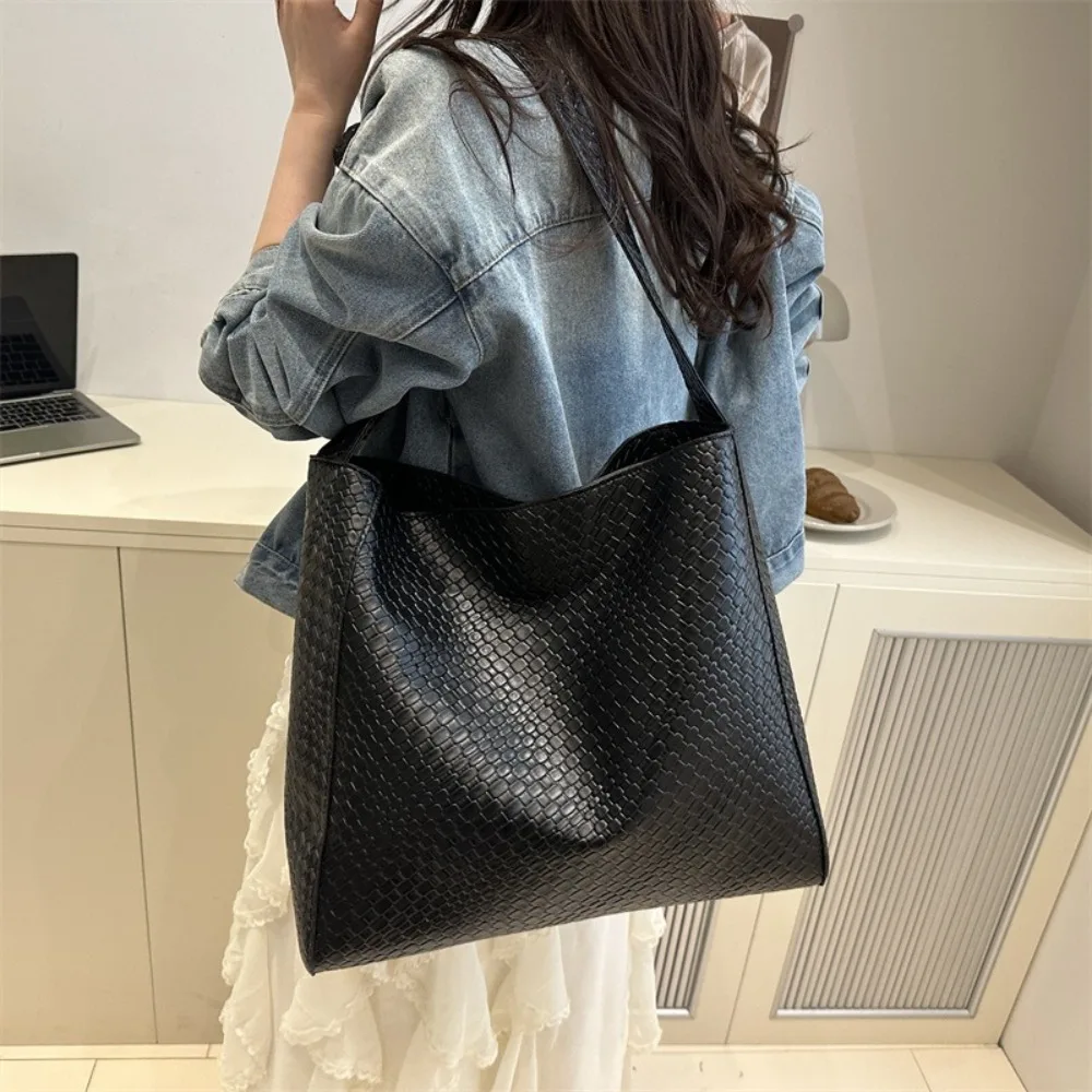 

Casual Solid Color Pu Leather Tote Bag Woven Pattern Vintage Shoulder Bag Leisure Large Capacity Women's Handbag Ladies