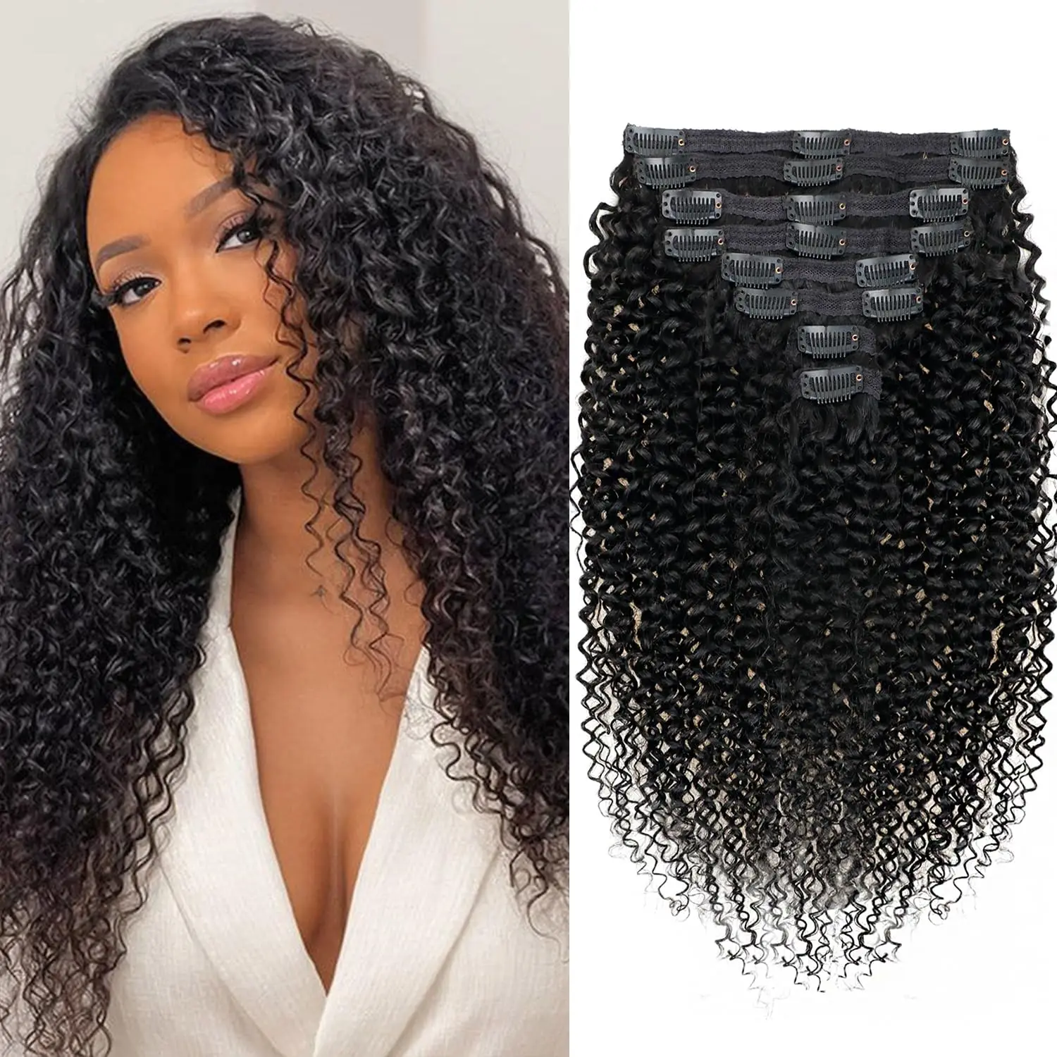 

Kinky Curly Clip Ins Full Head for Women Brazilian Remy Human Hair Curly Clip in Extension Human Hair #1B 8 Pcs with 18 Clips