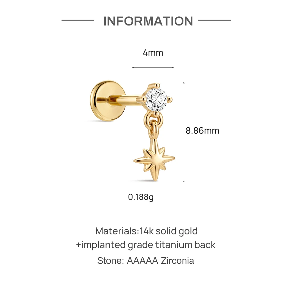 AIDE Mini-Piercing-Ohrringe aus 14-karätigem massivem Gold, glänzend, Herz-/rund-/sternförmig, für Damen, in verschiedenen Größen, klassischer Hochzeits- und Brautschmuck, luxuriöser Schmuck – Detail 22