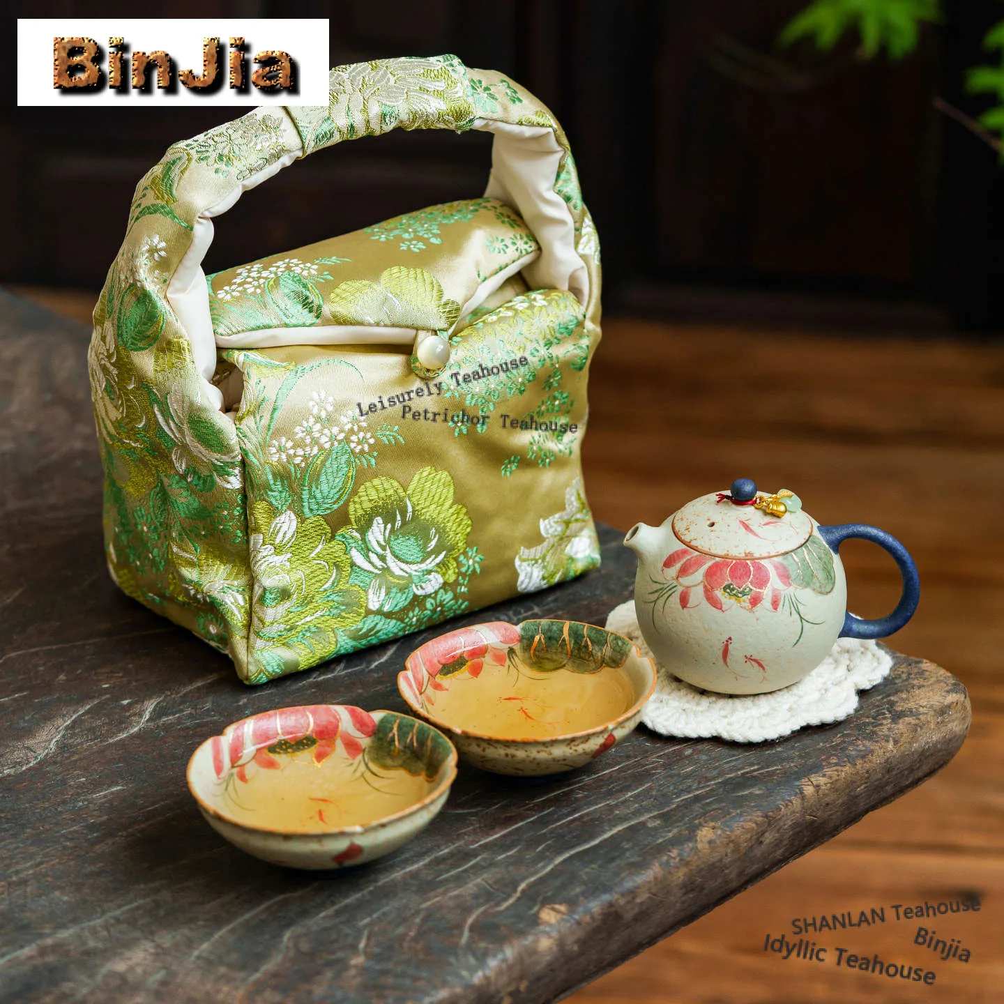 Hand Painted Koi Fish Playing With Lotus Travel Tea Set Kit Handmade 1 Pot 2 Cups Tea Maker Organizer Portable Outdoor Handbag