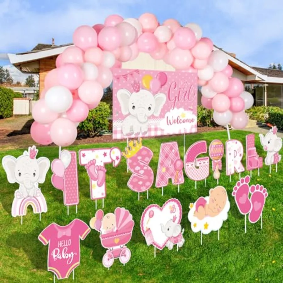 

Набор из 15 декоративных табличек для двора на тему определения пола ребенка: «Добро пожаловать на Baby Shower» с колышками, большими буквами и воздушными шарами в виде слонов