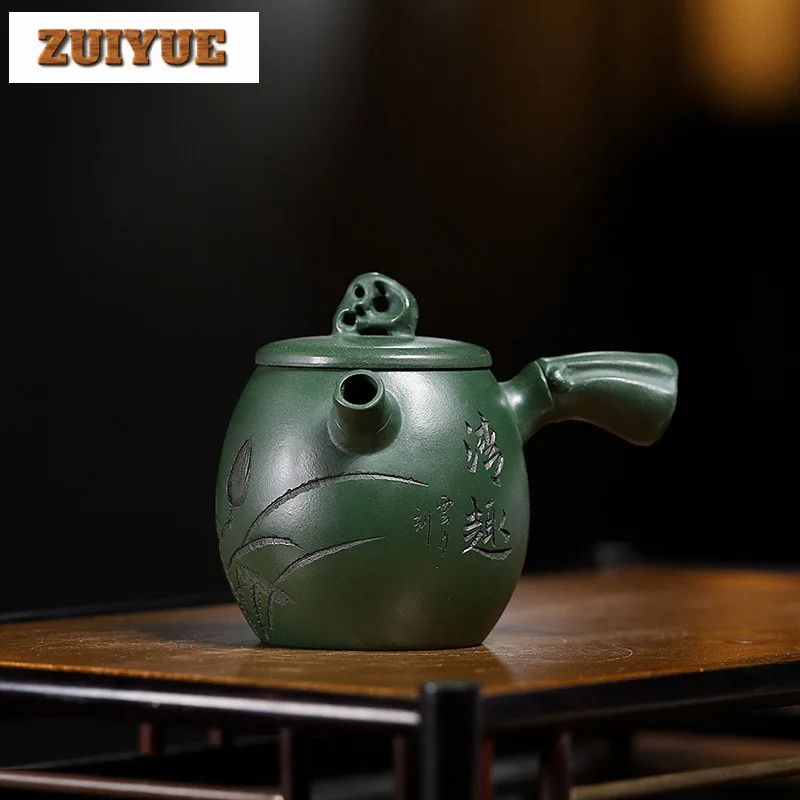 120ml Vintage Yixing Purple Clay Teapots Artists Handmade Carved Tang Feather Pot Raw Ore Green Mud Kettle Zisha Tea Set Cafes