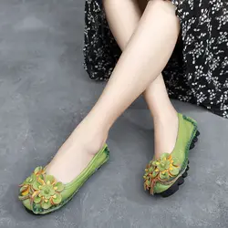 Authentic leather soft shoes for adult women ballet flats lug sole green loafer woman moccasin nurse shoe comfort flats for work