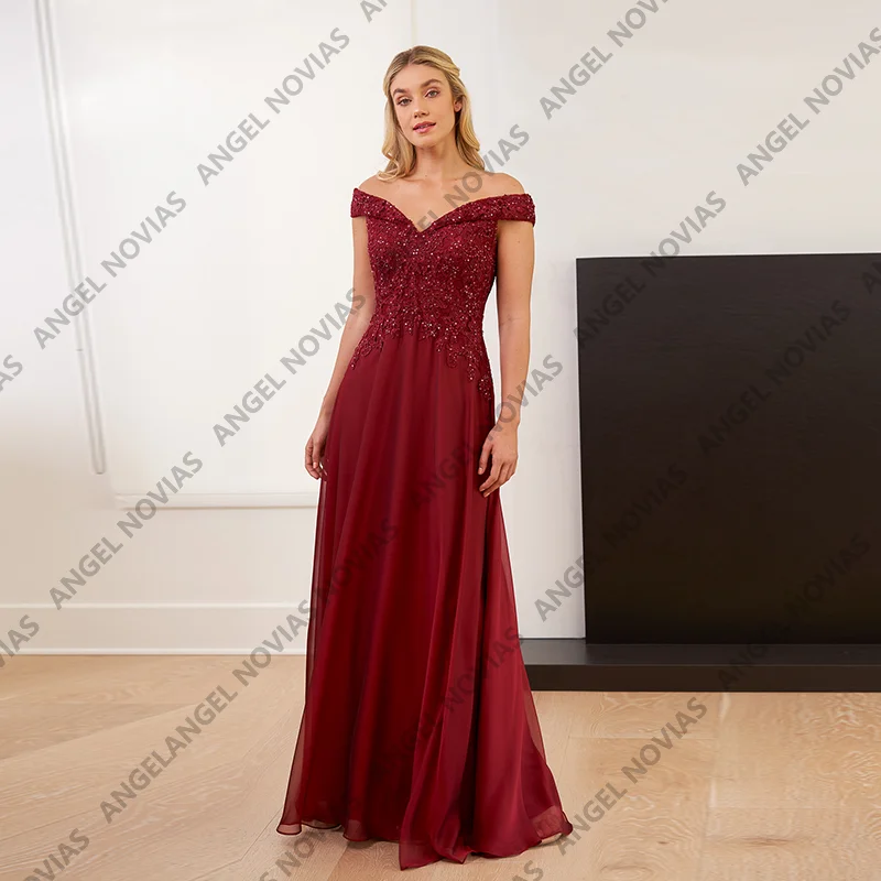 

Customized Long Dark Red Chiffon Mother of the Bride Dress Off Shoulder Wedding Party Dress Vestidos Para Madre De Novia