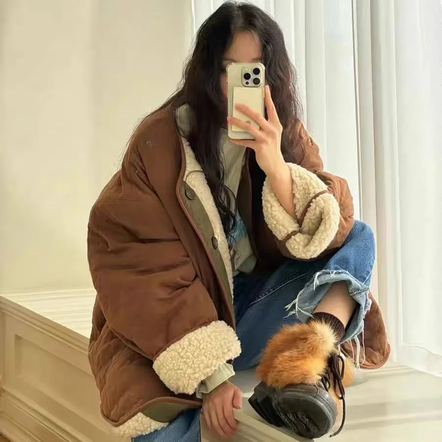 Pelliccia di agnello Jaet Donna Inverno Thiened Cotton Splice Design Sense Cappotto di cotone Capispalla rotondo Ne Loose Fit Lunghezza regolare