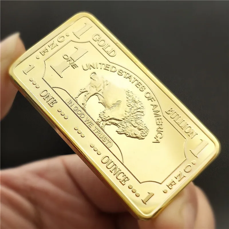 1 Troy Ounce Buffalo Bullion Bar USA Gold Plated 100 Mills Replica Coins Souvenir Collection Gift