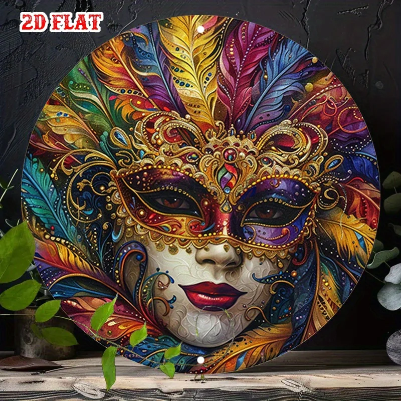 2D Flat, 1pc Vibrant Masquerade Mask Round Aluminum Sign - 7.87x7.87 Inch Ornate Design, Rustic Metal Wall Art for Home, Garage,